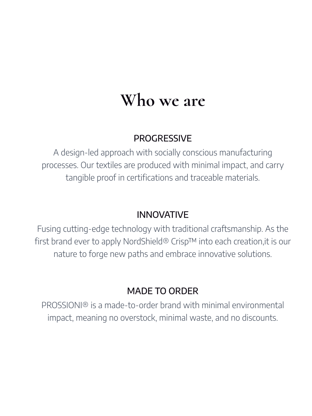 Prossioni - Brand values page